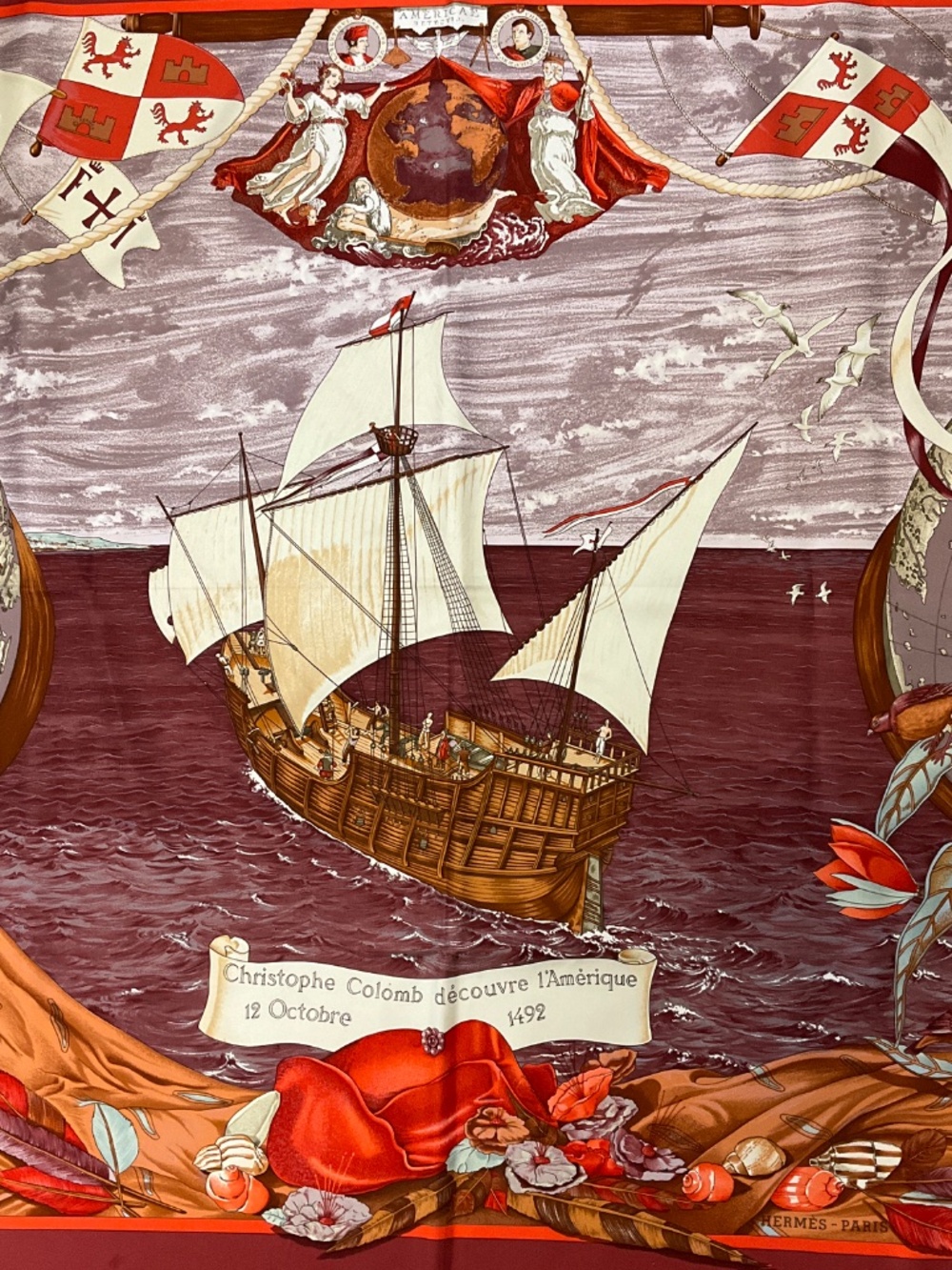 HERMES BURGUNDY MULTI CHRISTOPHE COLOMB DECOUVRE L’AMERIQUE SQUARE SILK TWILL SC - Picture 4 of 10